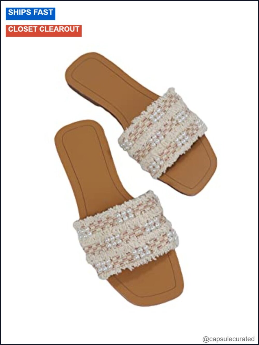 Faux Pearl Slide Sandals Flat Slip-On Beach Vacation Summer